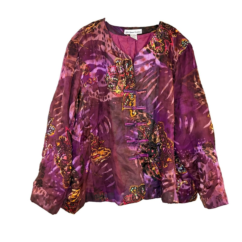 Aliki Yamani Creations Purple Floral Silk Rayon Quilted Sequin Jacket Women's 3X